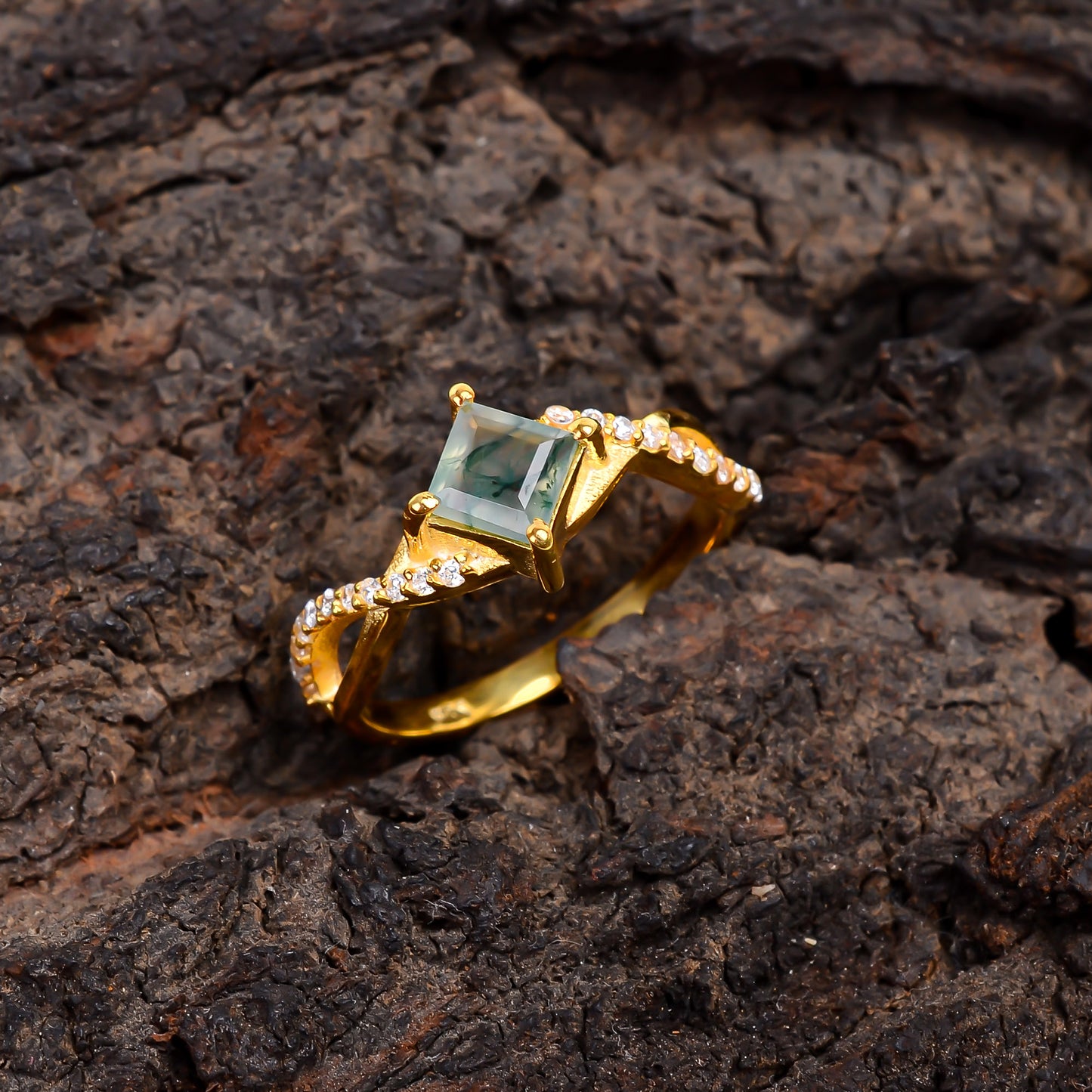 Natural Moss Agate Engagement Ring | 925 Sterling Silver