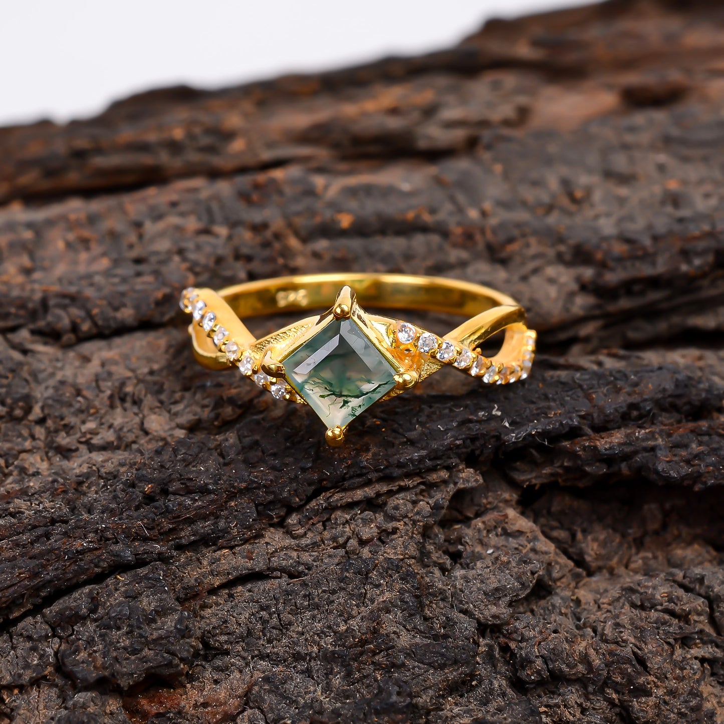 Natural Moss Agate Engagement Ring | 925 Sterling Silver