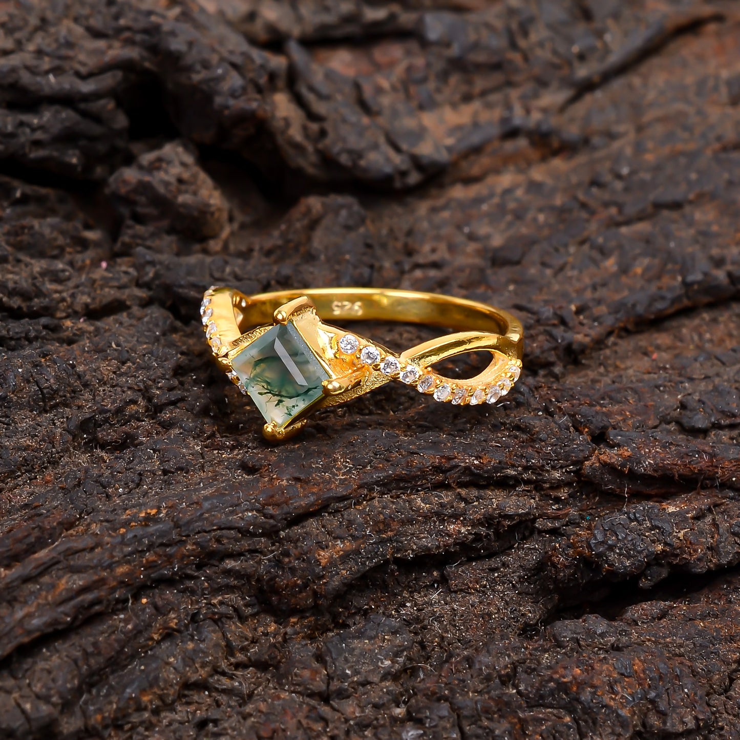 Natural Moss Agate Engagement Ring | 925 Sterling Silver
