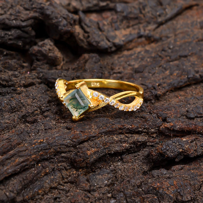 Natural Moss Agate Engagement Ring | 925 Sterling Silver
