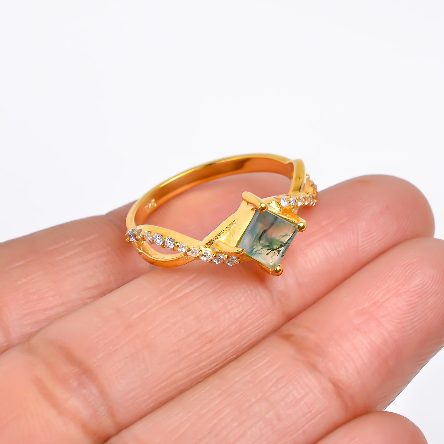 Natural Moss Agate Engagement Ring | 925 Sterling Silver