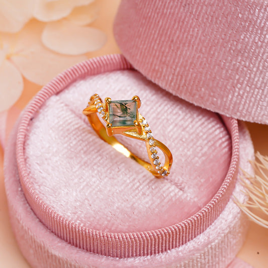 Natural Moss Agate Engagement Ring | 925 Sterling Silver