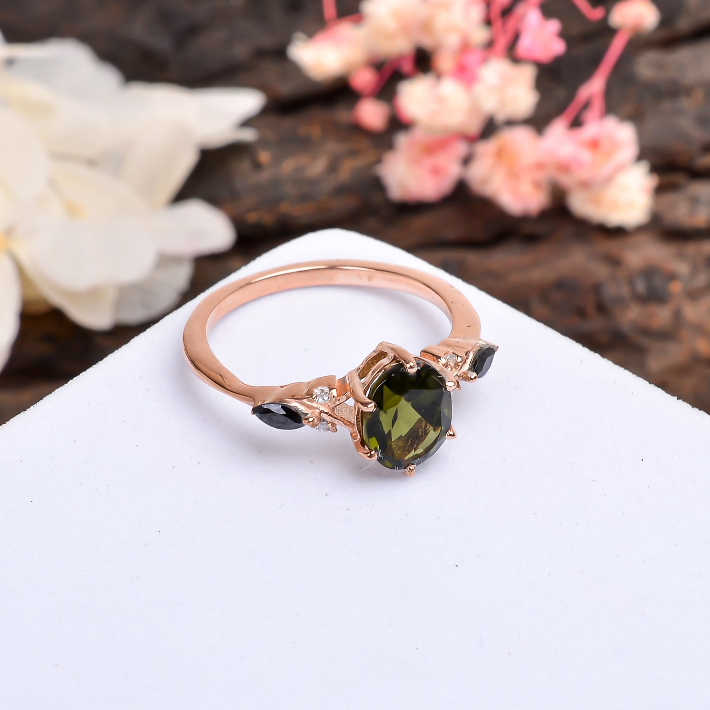 Polished Moldavite Gemstone Silver Engagement Ring