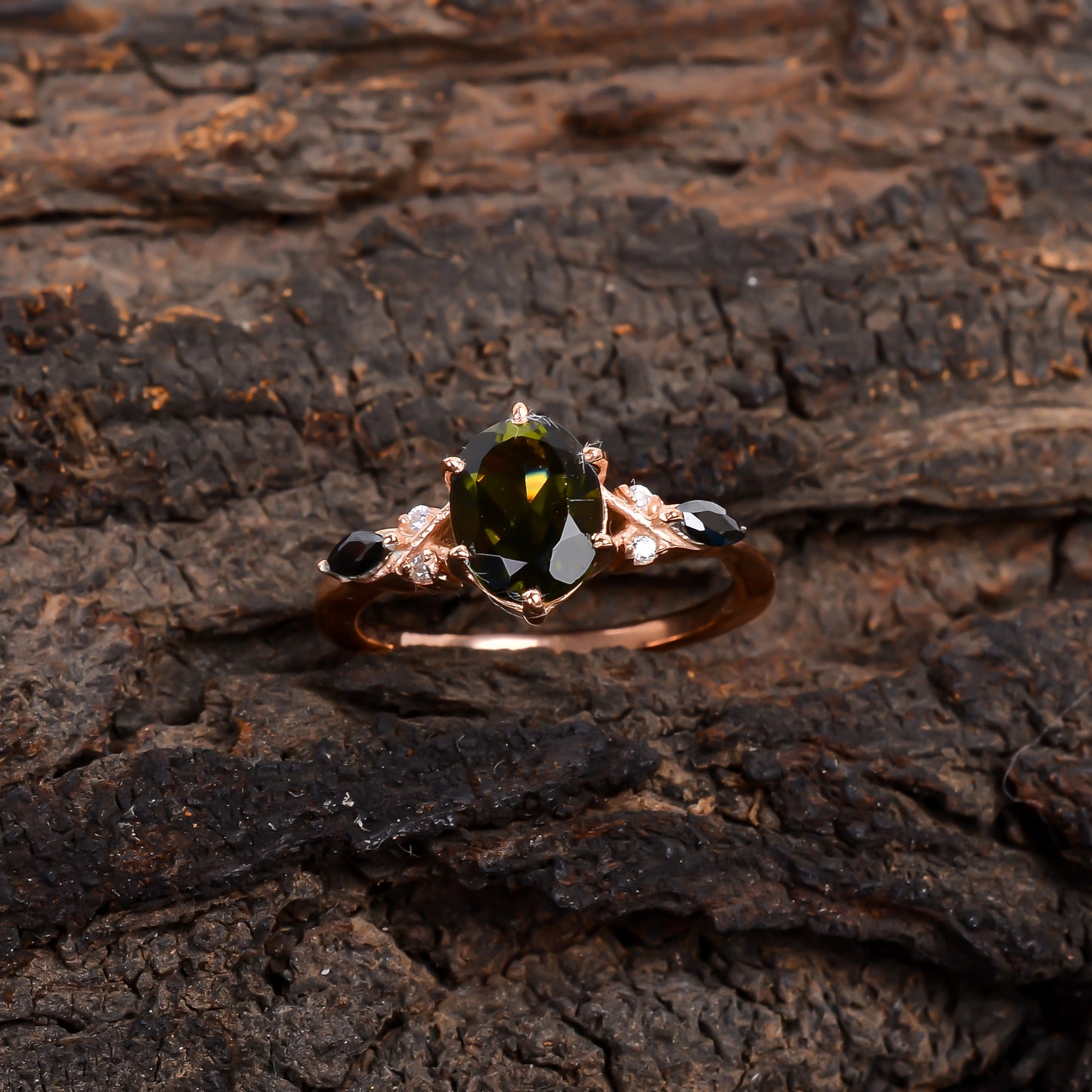 Polished Moldavite Gemstone Silver Engagement Ring