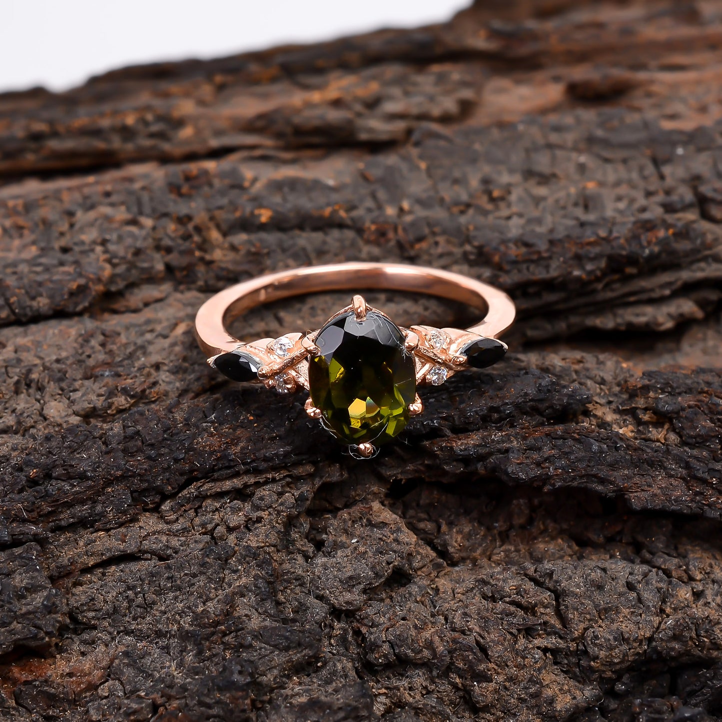 Polished Moldavite Gemstone Silver Engagement Ring