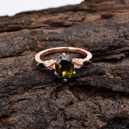 Polished Moldavite Gemstone Silver Engagement Ring