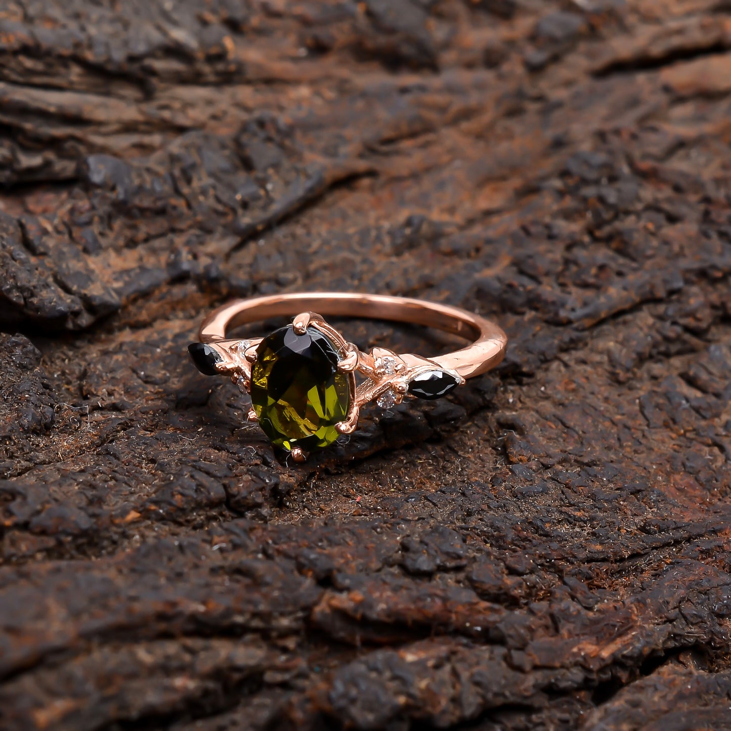 Polished Moldavite Gemstone Silver Engagement Ring