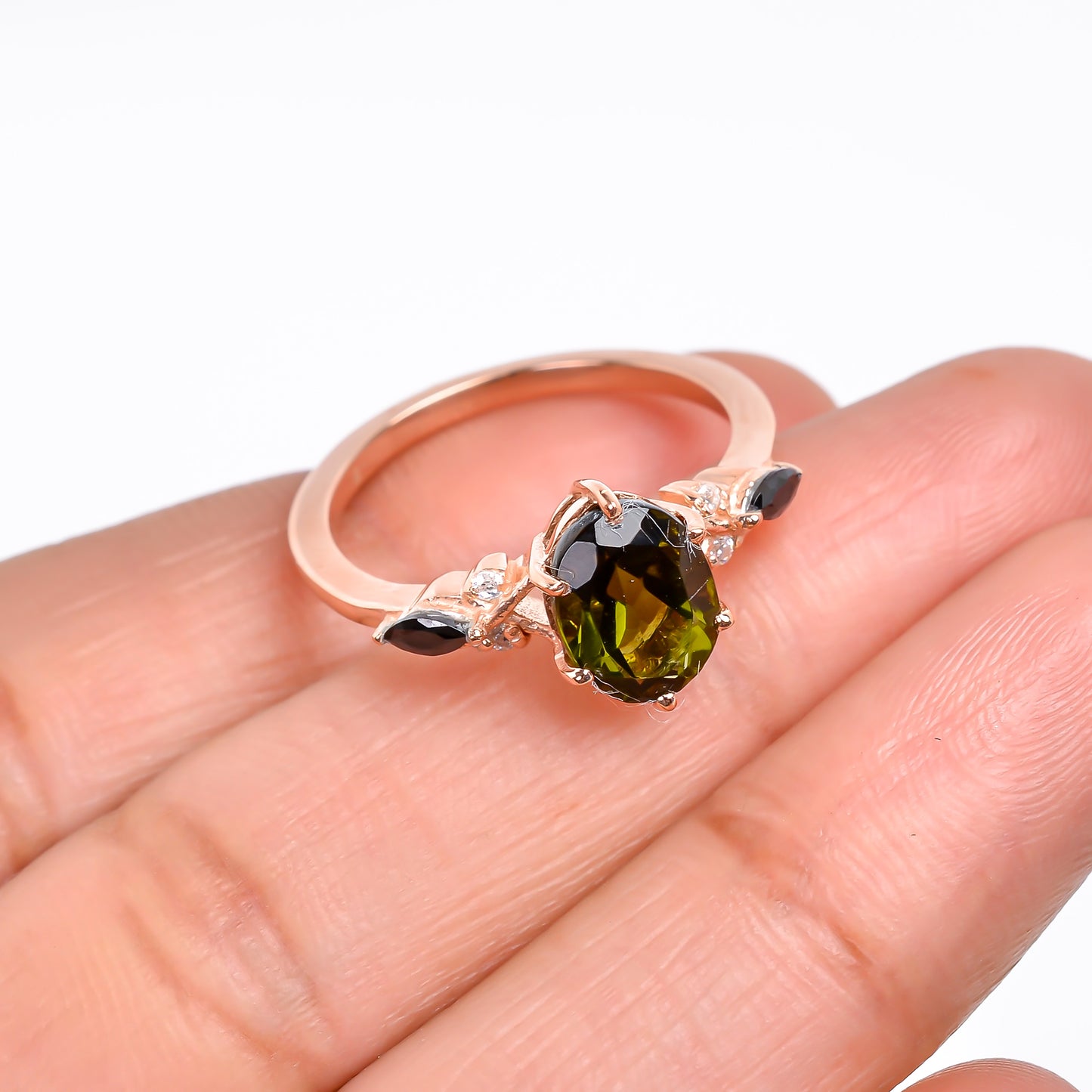 Polished Moldavite Gemstone Silver Engagement Ring