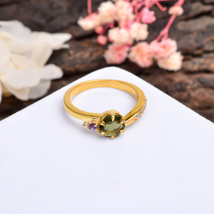 Natural Faceted Moldavite Ring | 925 Sterling Silver