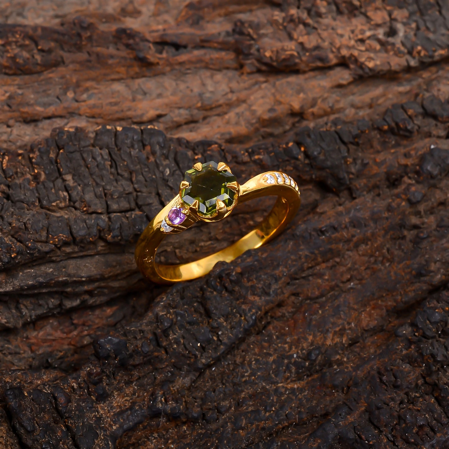 Natural Faceted Moldavite Ring | 925 Sterling Silver