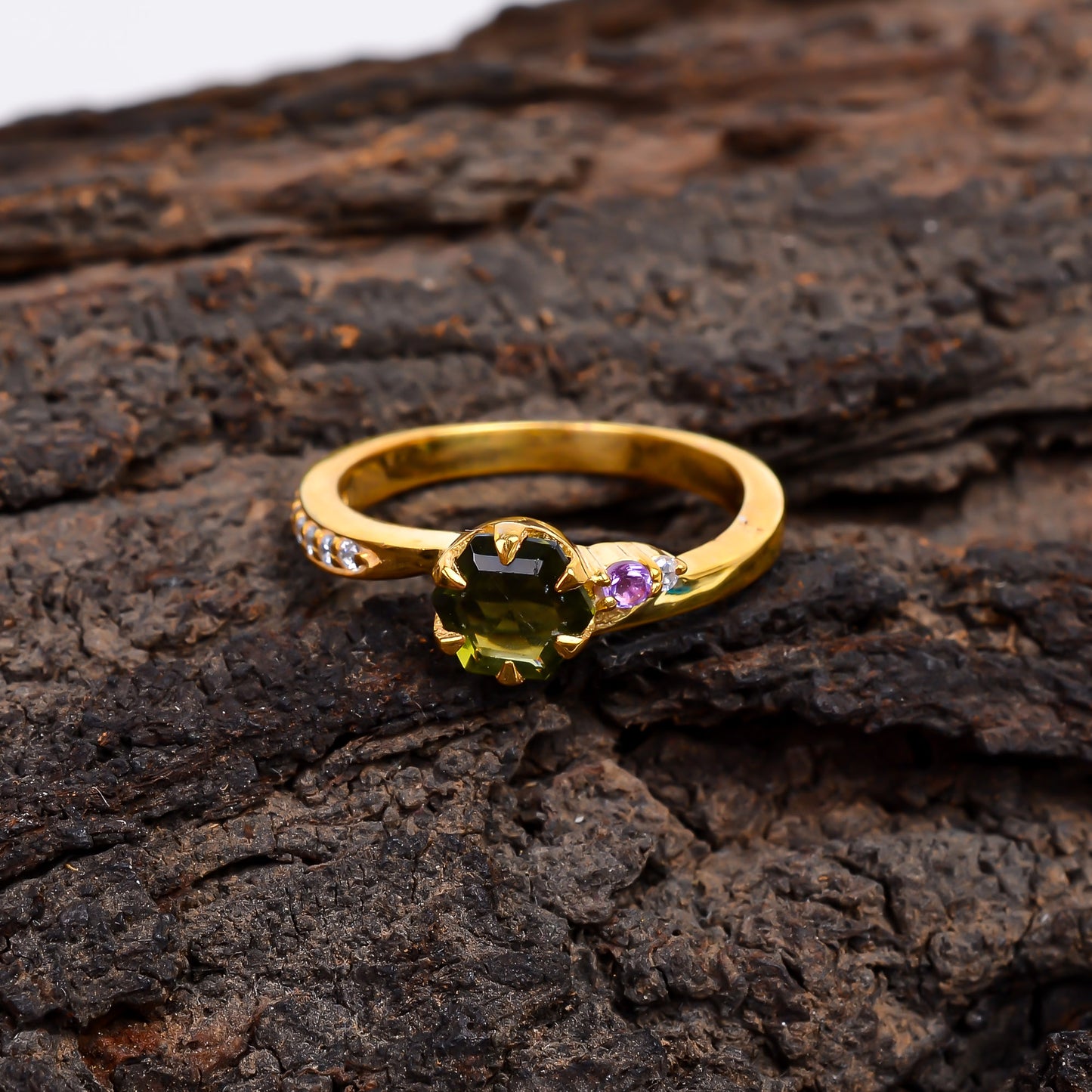 Natural Faceted Moldavite Ring | 925 Sterling Silver