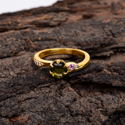 Natural Faceted Moldavite Ring | 925 Sterling Silver