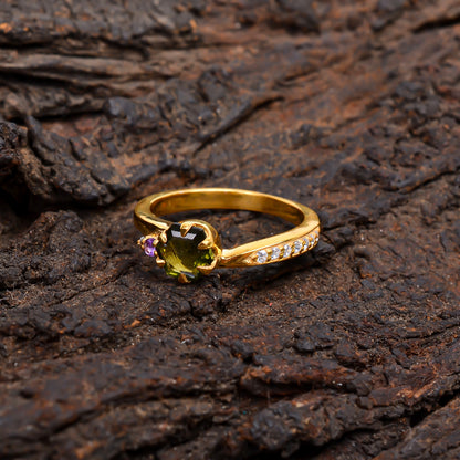 Natural Faceted Moldavite Ring | 925 Sterling Silver
