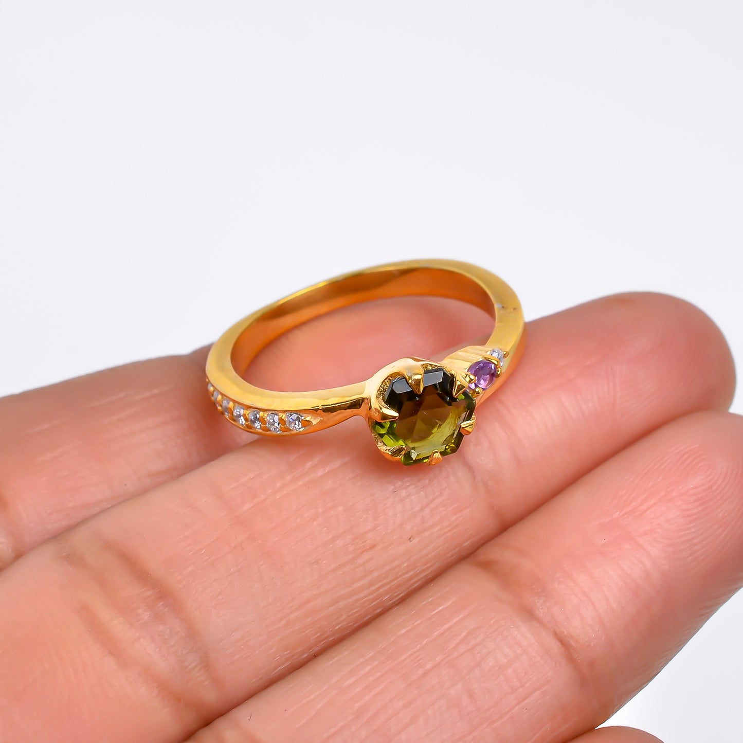 Natural Faceted Moldavite Ring | 925 Sterling Silver
