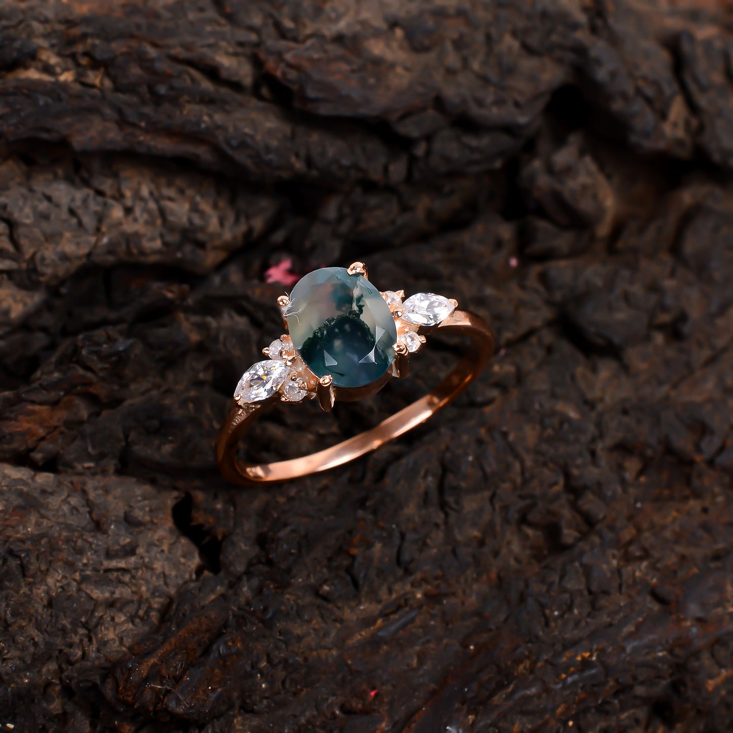 Oval Moss Agate Dainty Engagement Ring – 925 Silver