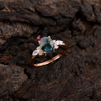 Oval Moss Agate Dainty Engagement Ring – 925 Silver