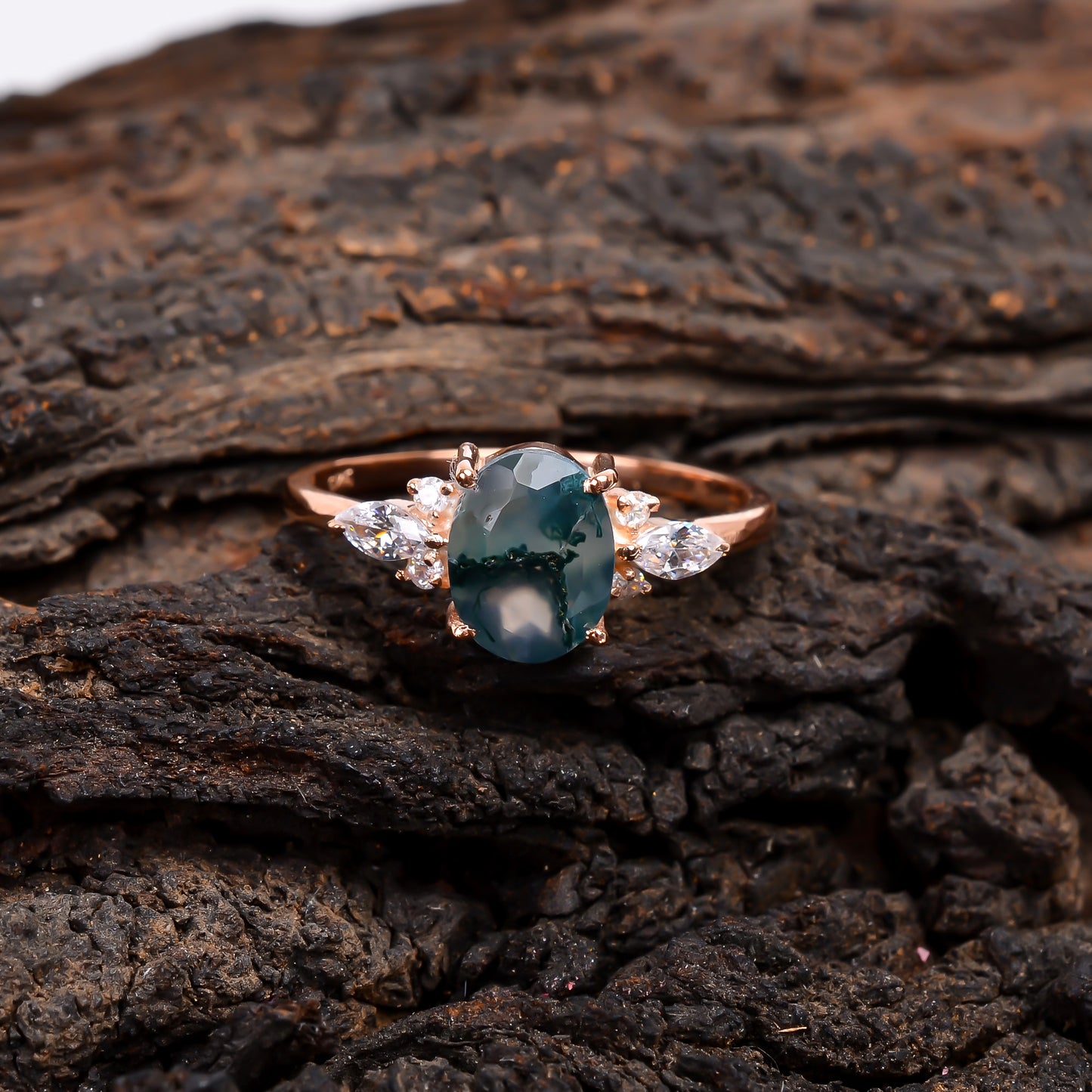 Oval Moss Agate Dainty Engagement Ring – 925 Silver