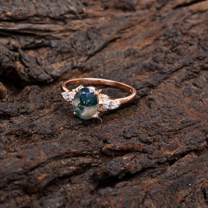 Oval Moss Agate Dainty Engagement Ring – 925 Silver