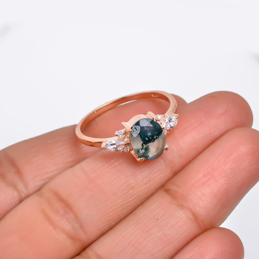 Oval Moss Agate Dainty Engagement Ring – 925 Silver