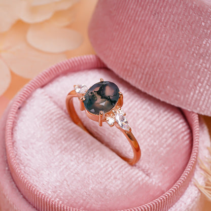 Oval Moss Agate Dainty Engagement Ring – 925 Silver