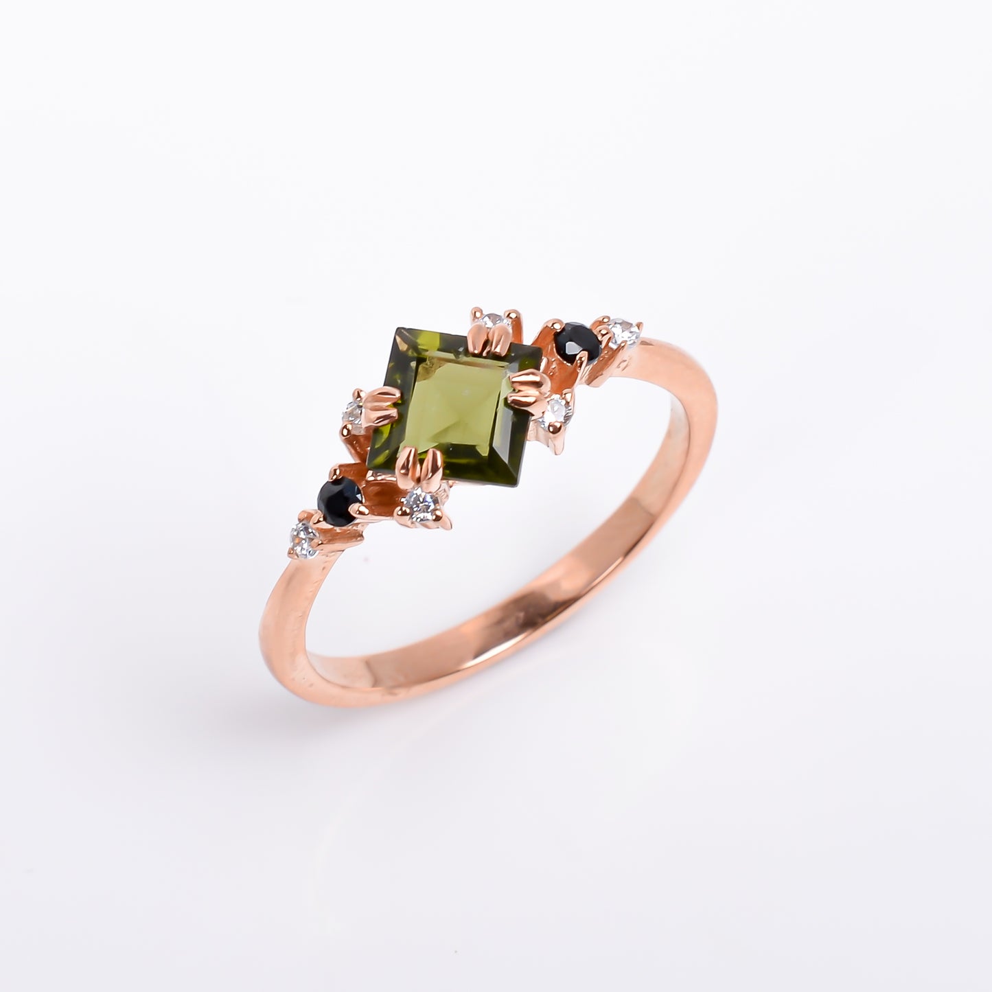 Faceted Moldavite Gemstone Silver Bridal Ring