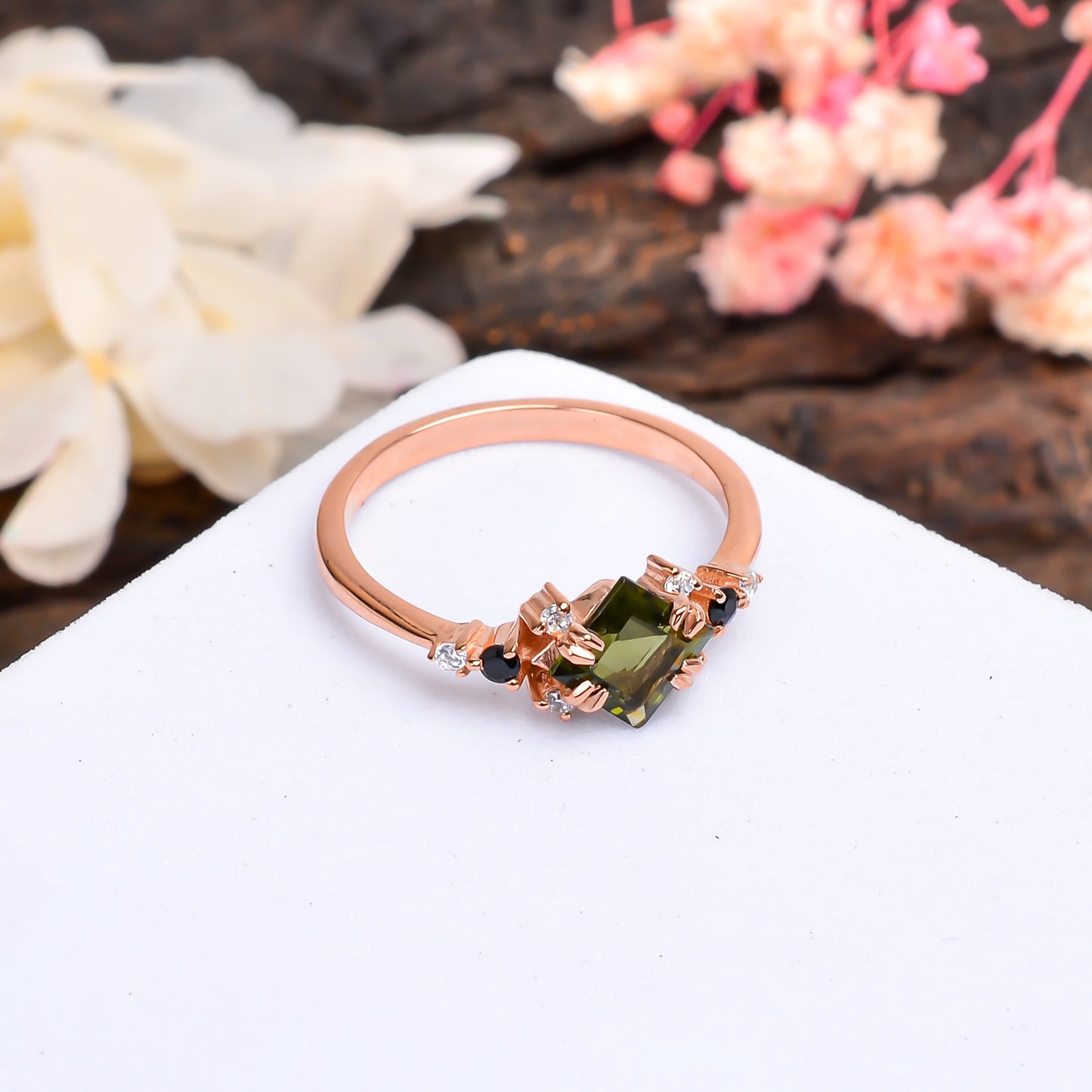 Faceted Moldavite Gemstone Silver Bridal Ring