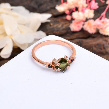 Faceted Moldavite Gemstone Silver Bridal Ring