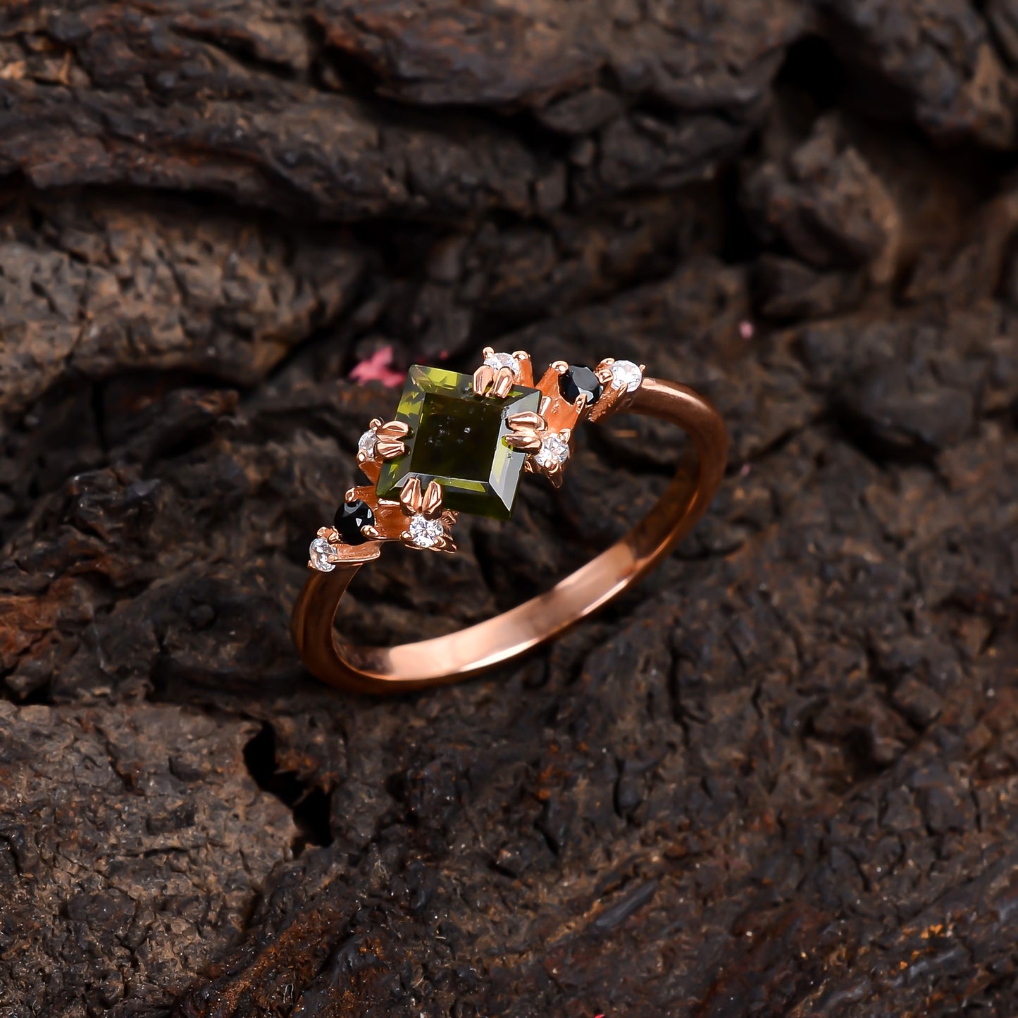 Faceted Moldavite Gemstone Silver Bridal Ring