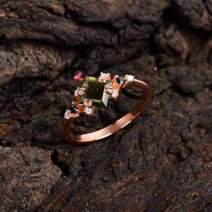 Faceted Moldavite Gemstone Silver Bridal Ring