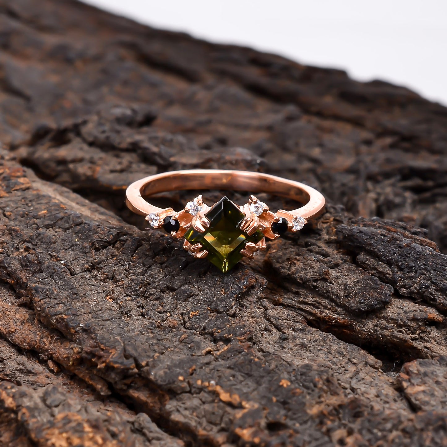 Faceted Moldavite Gemstone Silver Bridal Ring