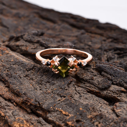Faceted Moldavite Gemstone Silver Bridal Ring