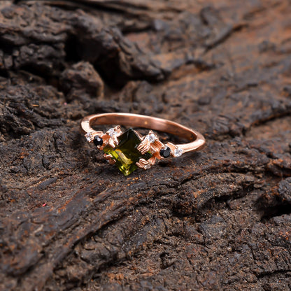 Faceted Moldavite Gemstone Silver Bridal Ring