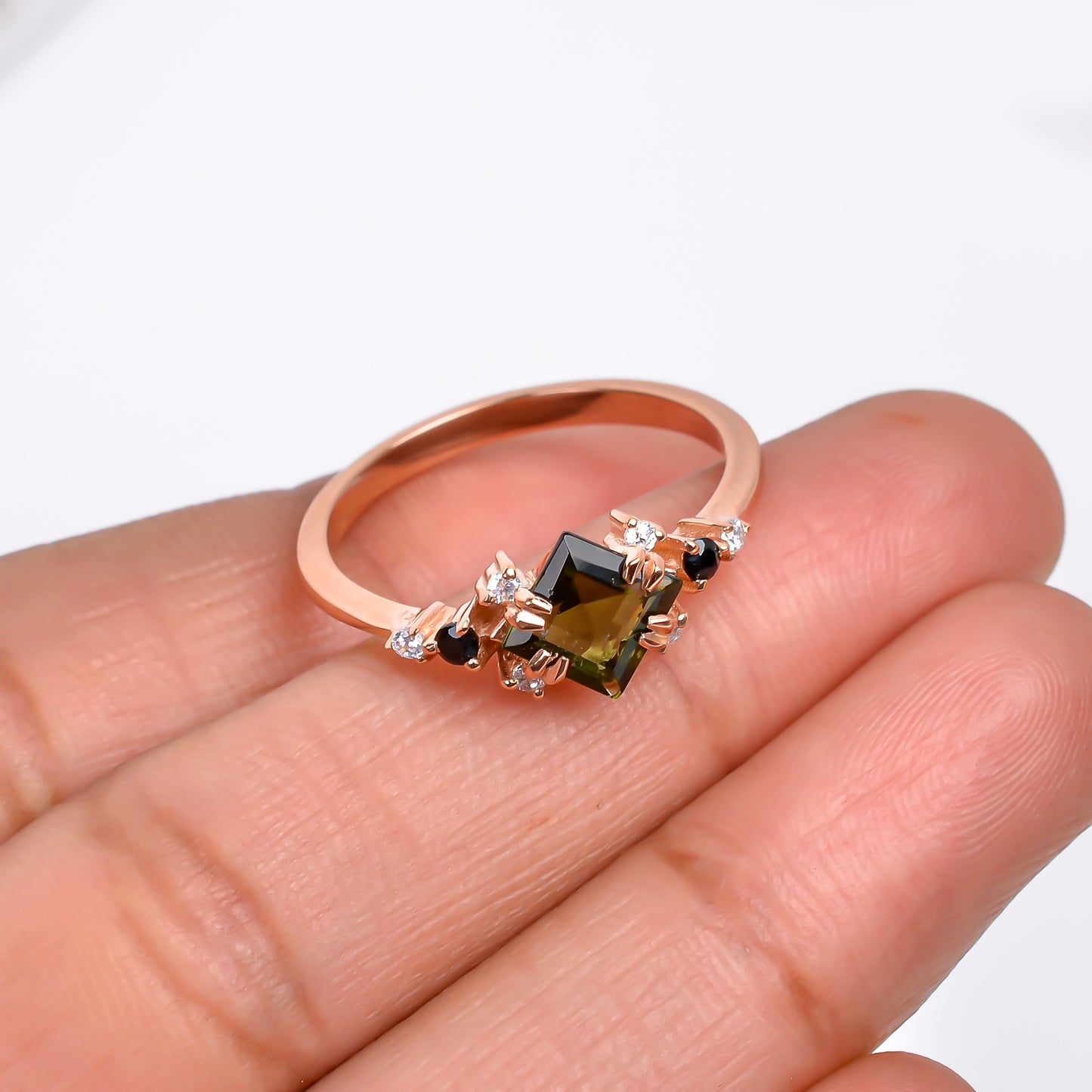 Faceted Moldavite Gemstone Silver Bridal Ring