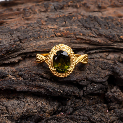 Polished Moldavite Sterling Silver Bridal Ring for Her