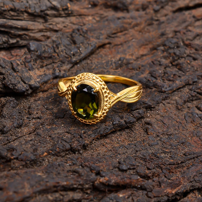 Polished Moldavite Sterling Silver Bridal Ring for Her