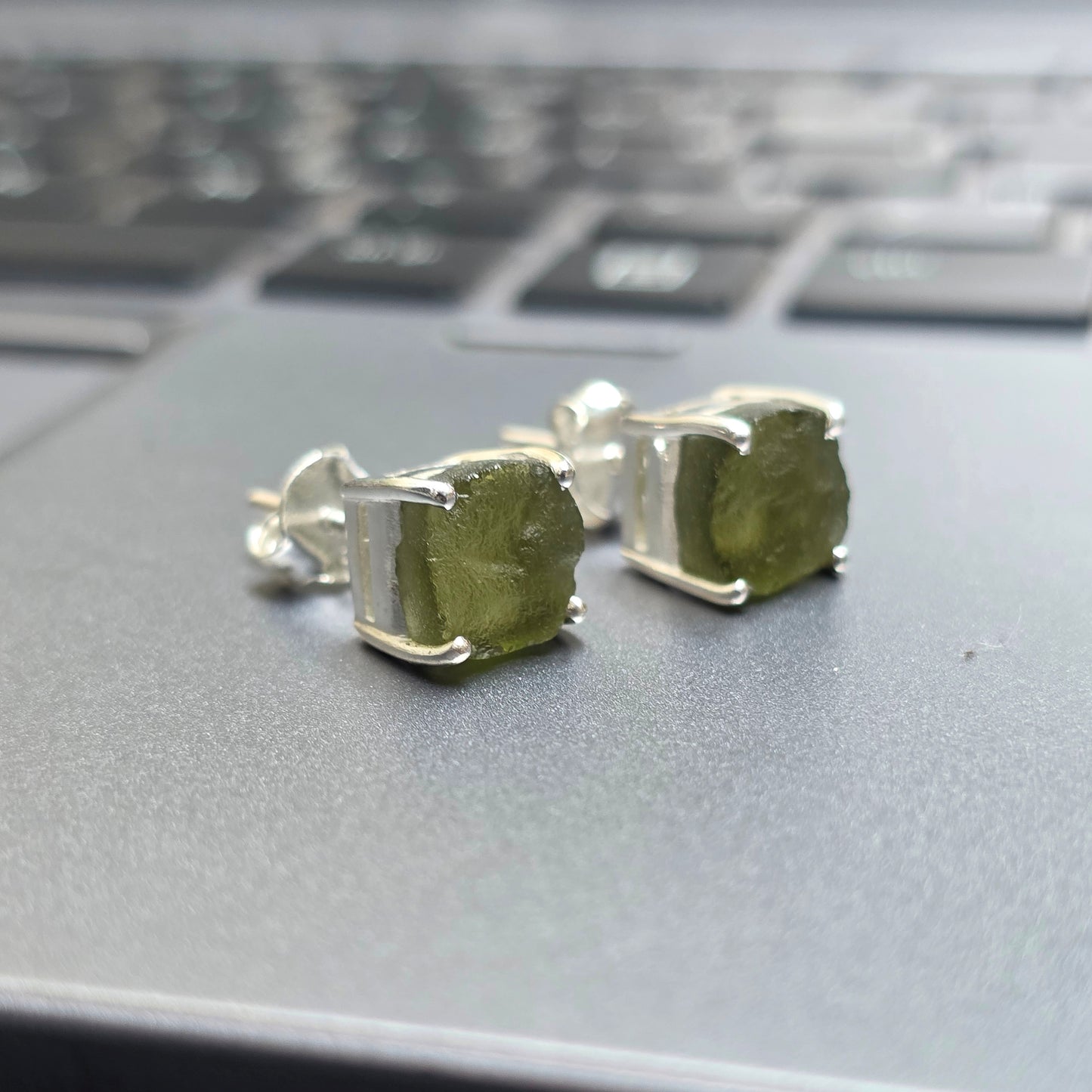 Raw Moldavite Silver Stud Earrings - SilverForestaa