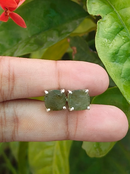 Raw Moldavite Silver Stud Earrings - SilverForestaa
