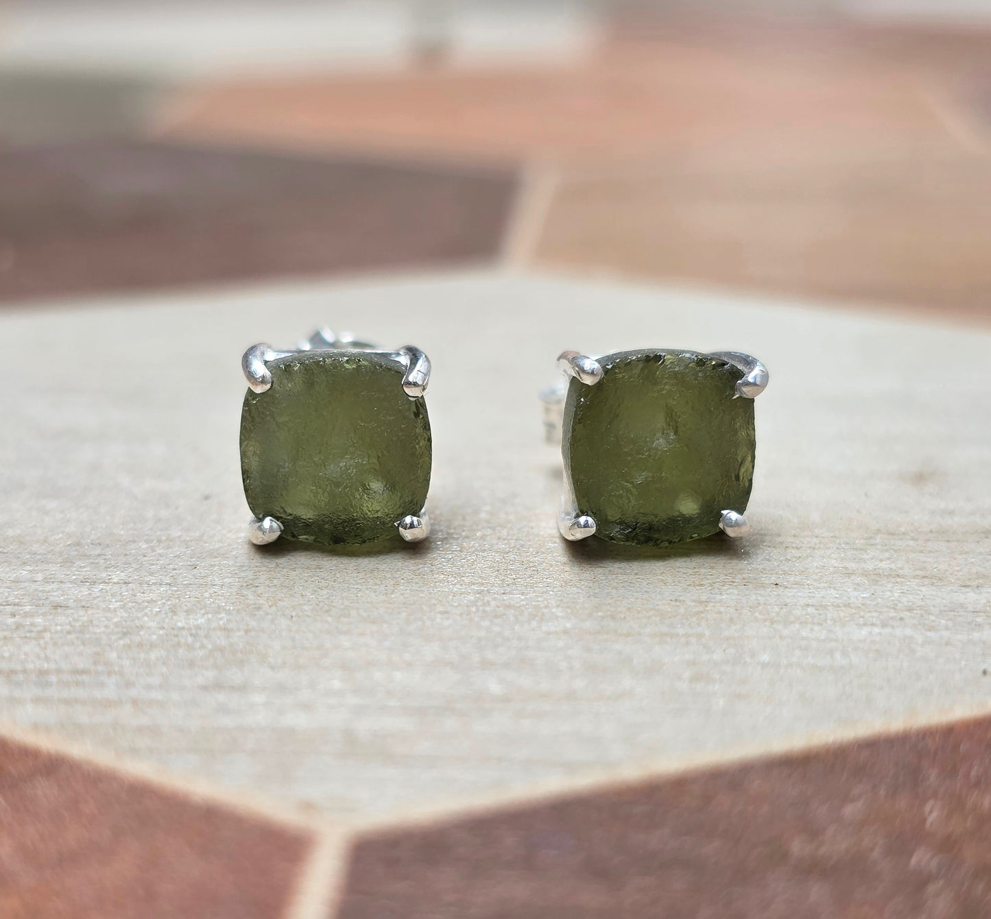Raw Moldavite Silver Stud Earrings - SilverForestaa