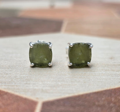 Raw Moldavite Silver Stud Earrings - SilverForestaa