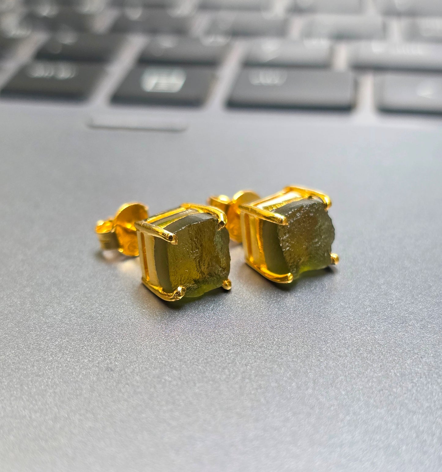 Raw Moldavite Silver Stud Earrings - SilverForestaa