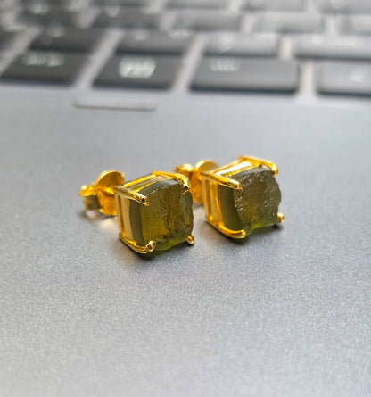 Raw Moldavite Silver Stud Earrings - SilverForestaa