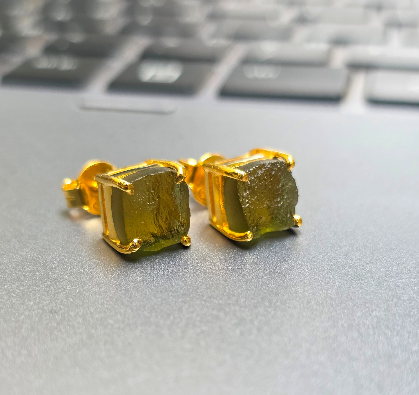 Raw Moldavite Silver Stud Earrings - SilverForestaa