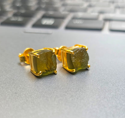 Raw Moldavite Silver Stud Earrings - SilverForestaa