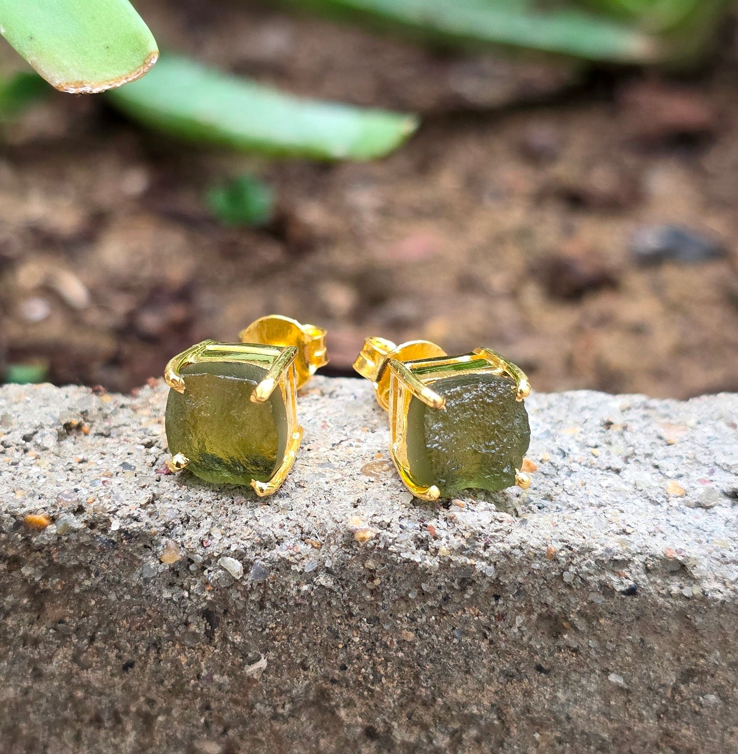 Raw Moldavite Silver Stud Earrings - SilverForestaa
