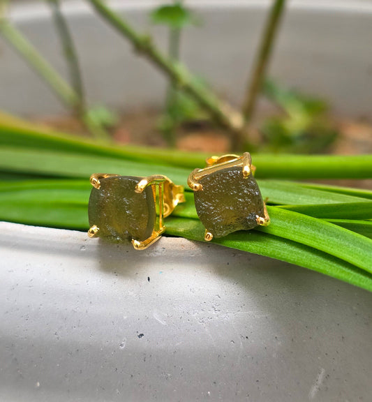 Raw Moldavite Silver Stud Earrings - SilverForestaa
