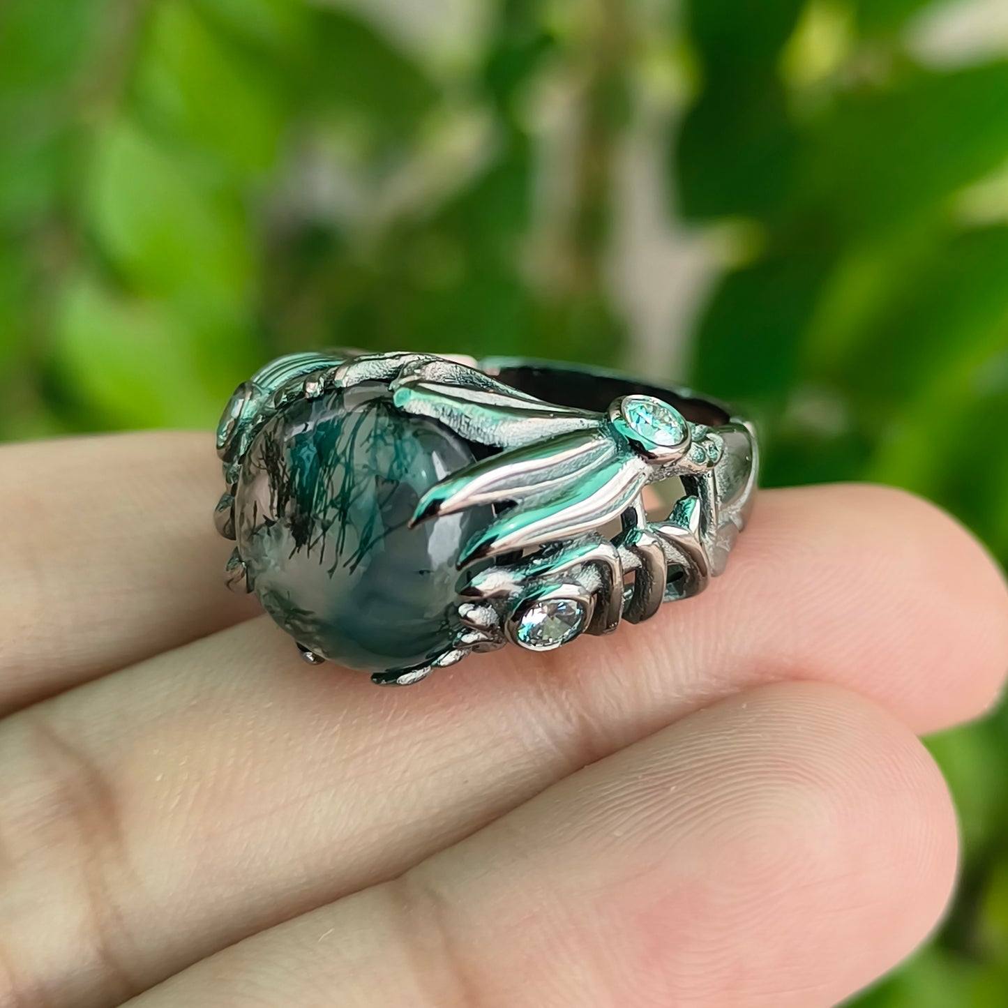 Handmade Moss Agate Ring | 925 Sterling Silver Boho Witchy Vibes