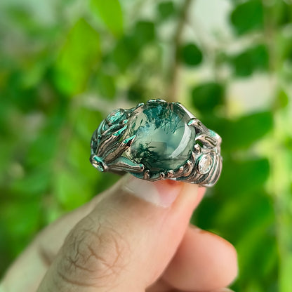 Handmade Moss Agate Ring | 925 Sterling Silver Boho Witchy Vibes