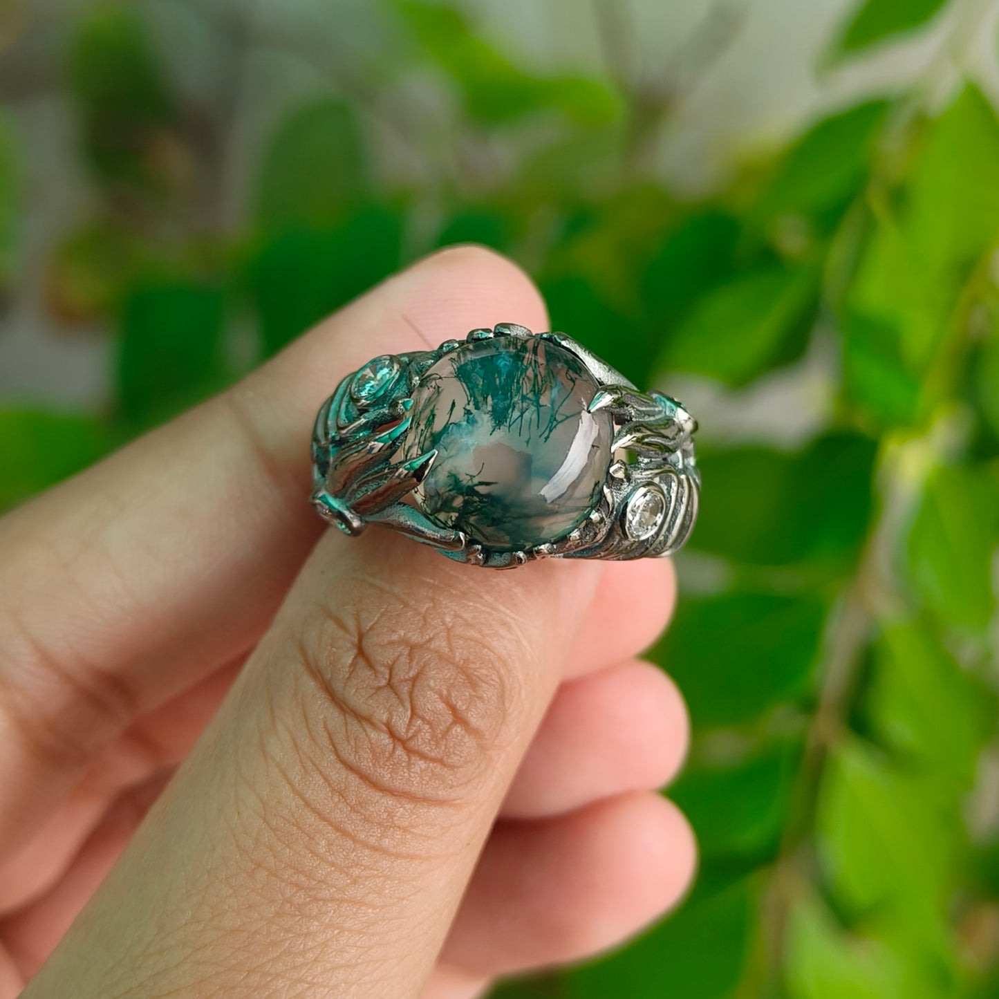 Handmade Moss Agate Ring | 925 Sterling Silver Boho Witchy Vibes