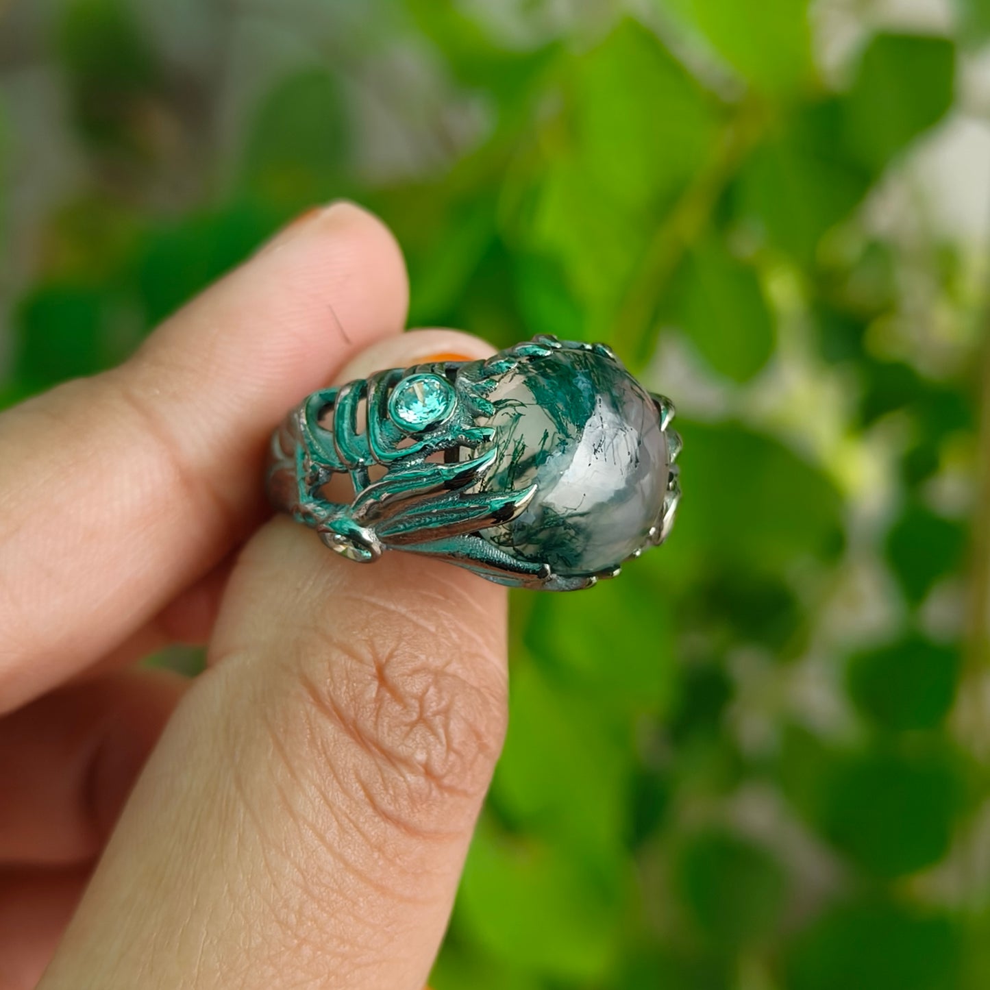 Handmade Moss Agate Ring | 925 Sterling Silver Boho Witchy Vibes