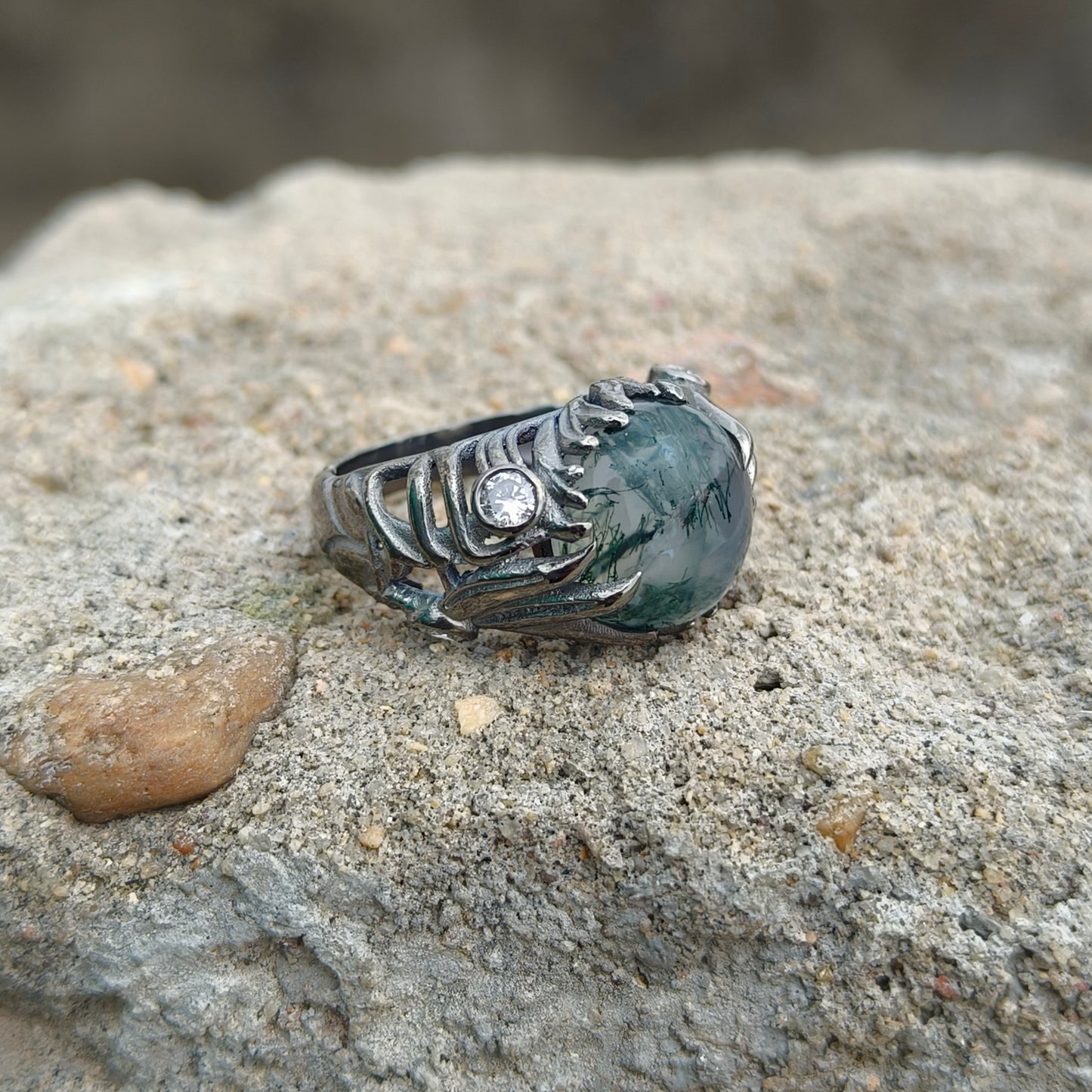 Handmade Moss Agate Ring | 925 Sterling Silver Boho Witchy Vibes